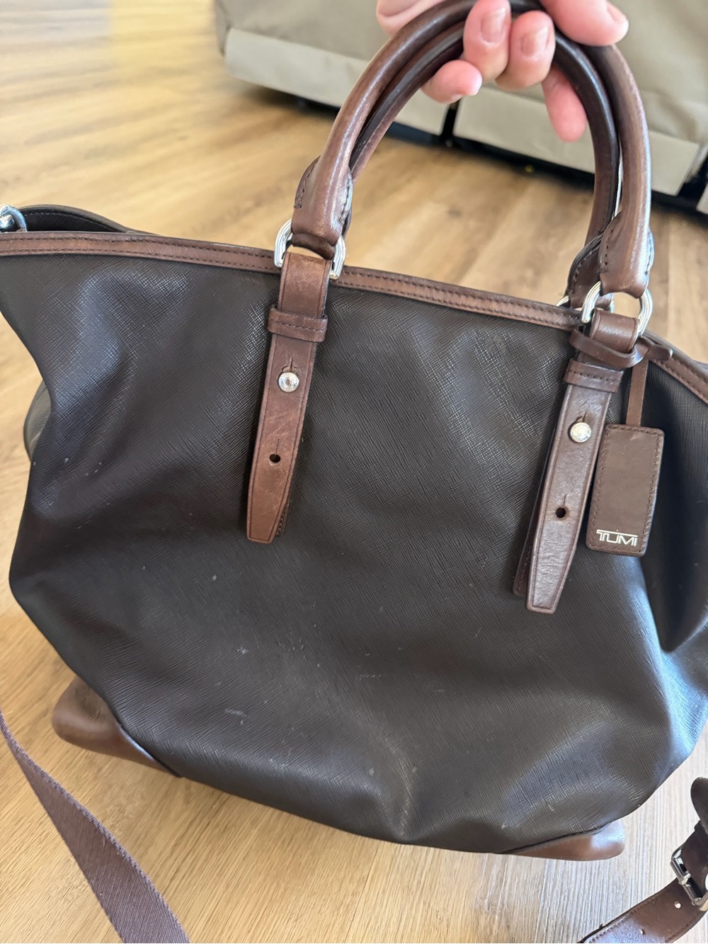 Tumi Dark Brown Leather Messenger Tote with Top Handles